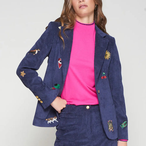 Blazer de veludo azul-marinho com bordados Vilagallo