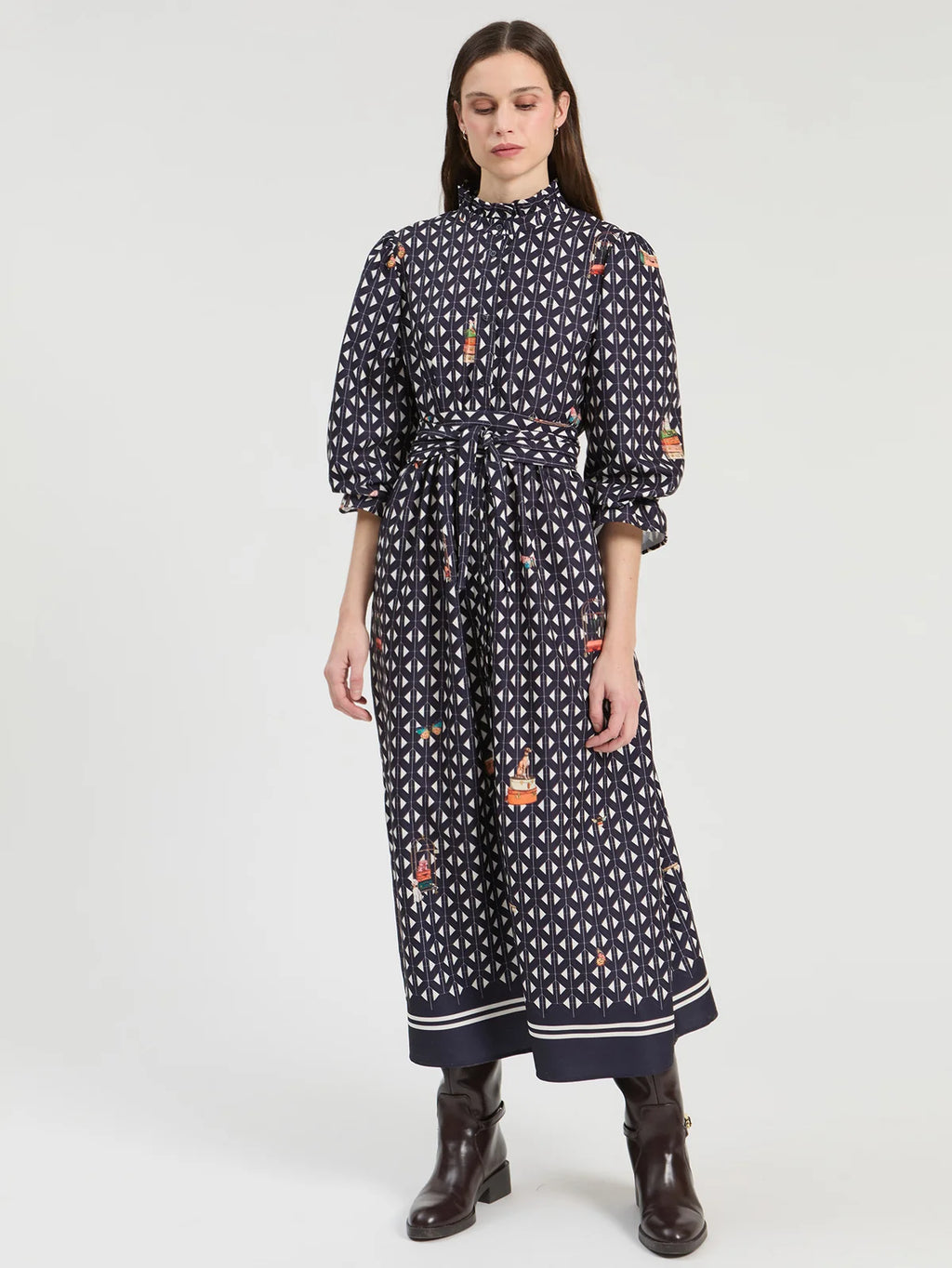 Vestido Vilagallo azul-marinho com padrão geométrico