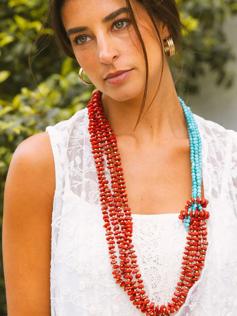 Colar artesanal coral e turquesa Maïttè