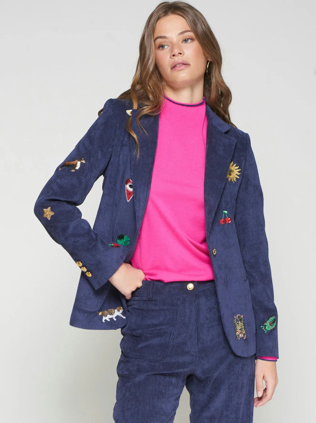 Blazer de Veludo Azul-Marinho com Bordados Vilagallo